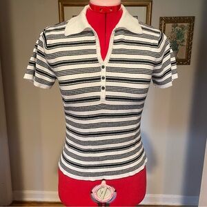 VTG Alexandra Bartlett 90s/80s Striped Knit Short Sleeve Sweater / Collared Top